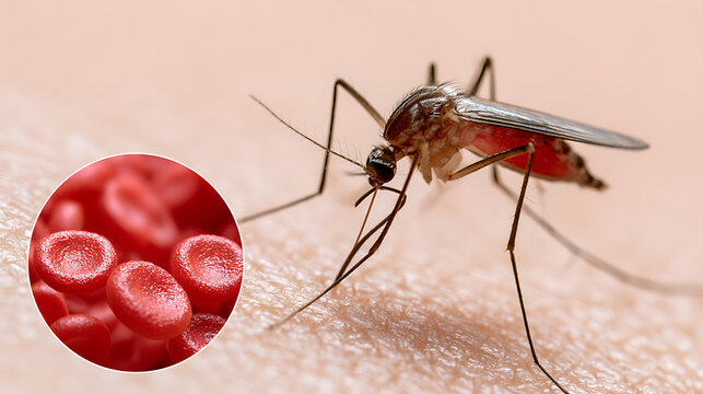Close-up of mosquito Culicidae feeding on human skin with red blood cell inset, concept of parasite vector and disease transmission risk