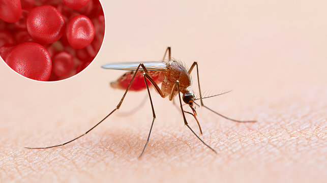 Mosquito Culicidae biting human skin with inset of red blood cells erythrocyte, vector pest transmitting disease for science medical use