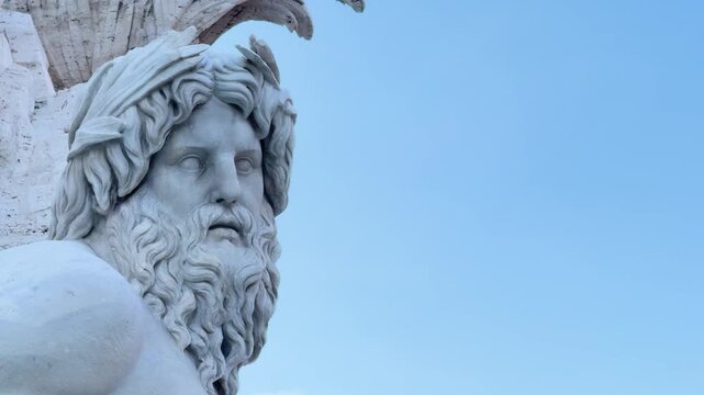 Close-up 4K video with a slight camera move on the marble Ganges river god at Fontana dei Quattro Fiumi in Piazza Navona, Rome, Italy. Copy space in the blue sky to the right