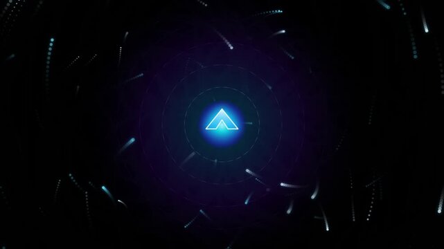 A glowing symbol surrounded by dynamic light trails in a dark space