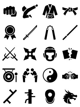 Martial Arts Silhouette Icons Set For Karate Taekwondo Judo Ninja Vector Elements