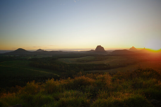 Mountain peaks in Queensland, Australia at warm sunset