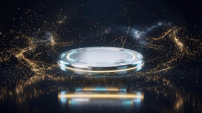 Futuristic silver floating podium in dark space background with glowing golden stardust and cyber lights