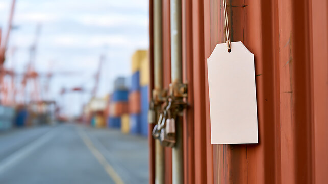 Blank white paper price tag hang on metal lock of red cargo shipping container at port yard terminal with blurred cranes and sky background