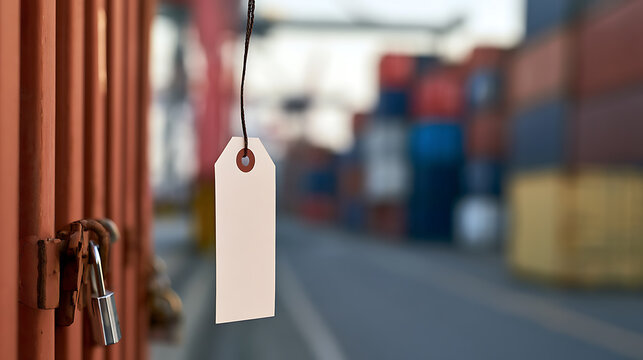 Blank paper price tag hanging on a locked cargo container in a logistics port yard with stacked colorful shipping boxes in the background