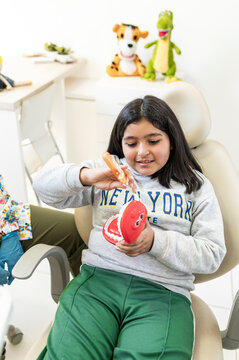 Curious girl examining toy teeth model in dental clinic