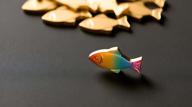 A unique rainbow fish figure stand out from a crowd of identical golden fish on a dark surface to represent leadership and individuality