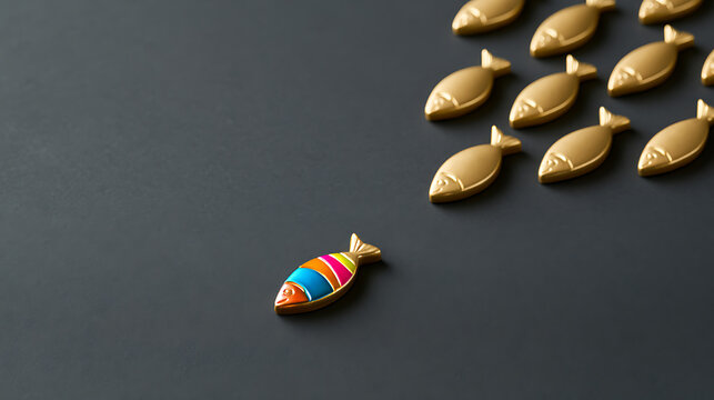 Concept of leadership and individuality with one colorful unique fish figurine standing out from a uniform group of gold metal figurines
