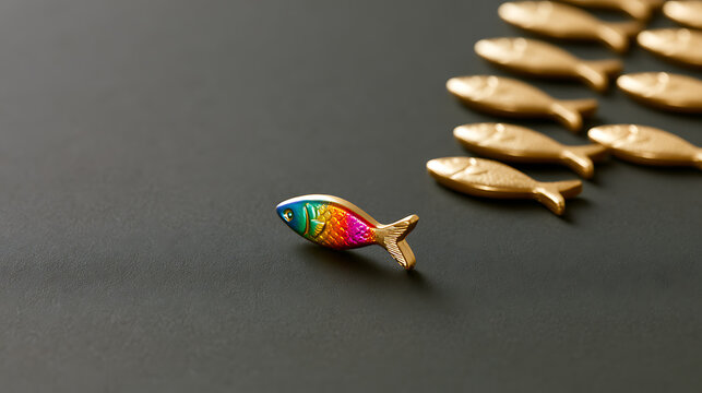 A unique rainbow colored fish figurine swimming in opposite direction of a group of identical gold fish on dark background representing leadership