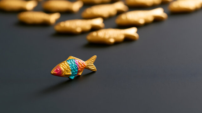 A colorful distinct fish figurine standing out from a uniform crowd of gold fish shapes on a dark surface representing unique leadership