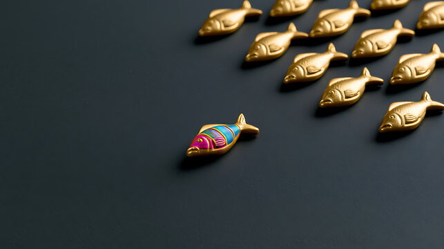 A unique colorful fish figure leads a group of identical golden fish on a dark surface, symbolizing leadership and individuality concept