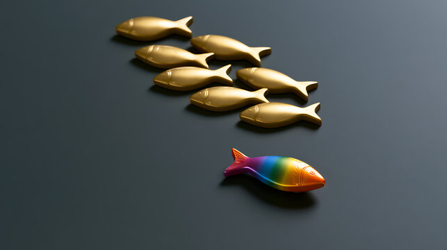 Conceptual image of a rainbow-colored fish standing out from a school of identical golden fish, representing leadership, diversity, and change