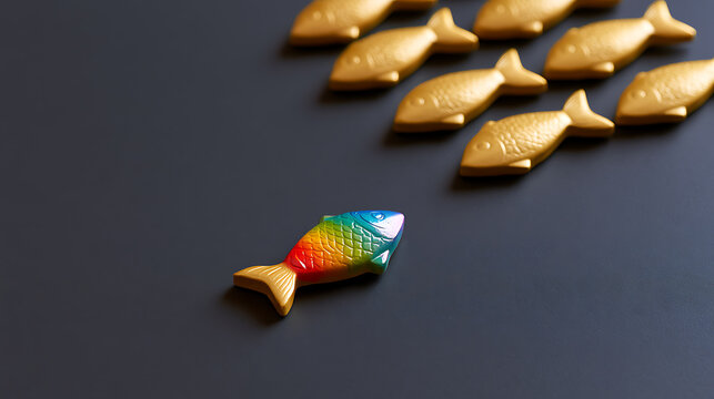 A unique rainbow fish swimming opposite direction from a group of identical gold fish figures on a dark background representing leadership concept