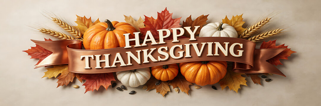 A festive happy thanksgiving banner featuring orange and white pumpkins, golden wheat stalks, and vibrant autumn leaves on a light beige background