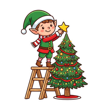 Christmas elf standing on a wooden ladder placing a star on a decorated pine tree