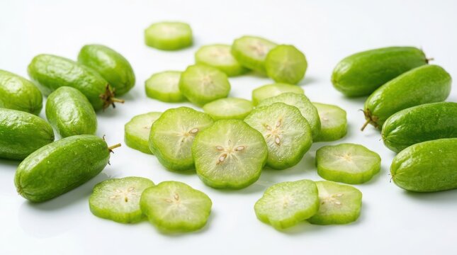 Fresh whole and sliced green bilimbi fruits isolated on white background with averrhoa carambola tropical isolated background vegetarian nutrition ingredient agriculture horizontal