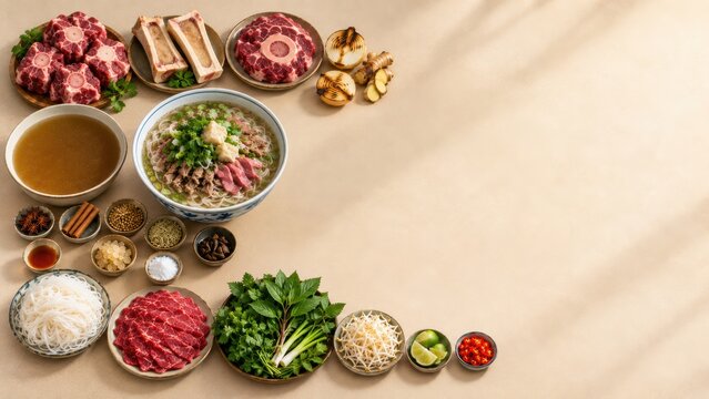 Vietnamese street food pho with oxtail and bone marrow