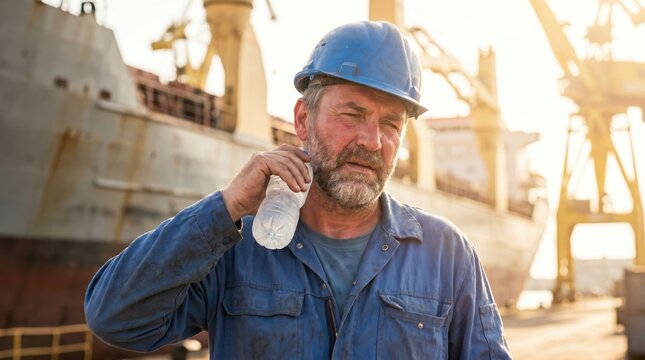 Exhausted dock worker holding a cold water bottle to his neck. Sweating man in a blue uniform and hard hat suffering from heat at a busy seaport