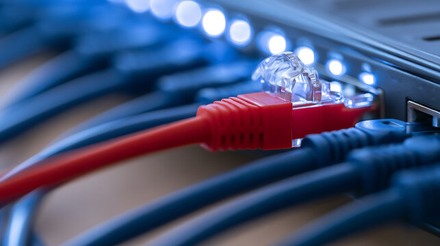 Close up view of high speed internet network switch with multiple blue ethernet cable and one bright red patch cord connect to router port
