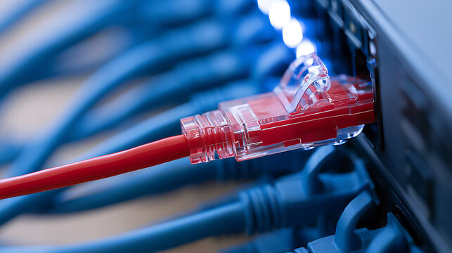 Red ethernet cable plugged into network switch port with blue cables in background representing global communication and data transfer infrastructure