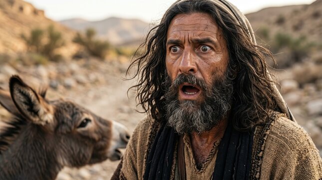 Shocked man representing Balaam reacting to his speaking donkey. Biblical Old Testament scene in a rocky desert landscape. Close-up portrait of terrified expression