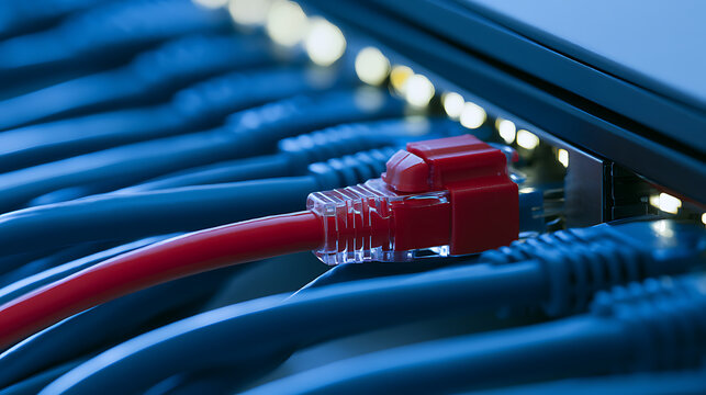 Close up of red ethernet network cable plugged into computer server switch port with blue cables data transfer communication high speed web