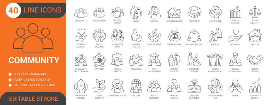 Community and social support line icon set with charity, diversity, family and unity. Editable stroke. Vector illustration.