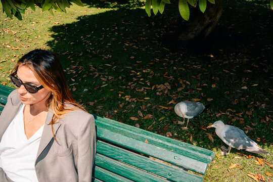 Woman Sits on a Bench With Birds Nearby in a Park
