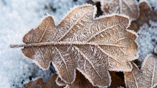 Detailed macro shot of a dried oak leaf covered in beautiful white frost during winter