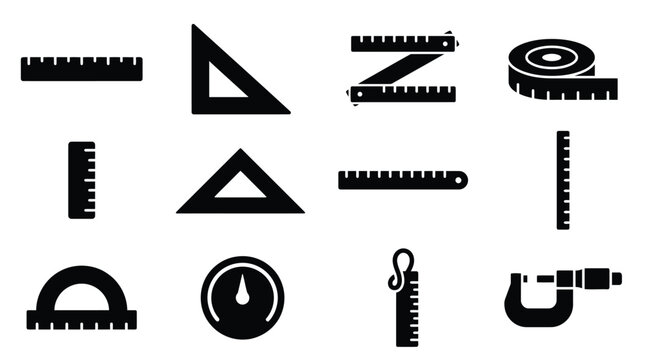 Set of various black and white measuring and drawing tools icons