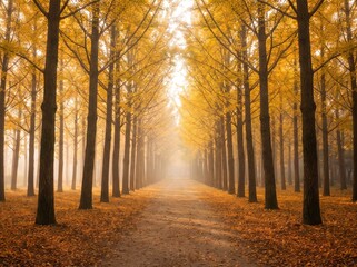 Fototapeta premium Empty path through golden ginkgo trees in autumn morning mist