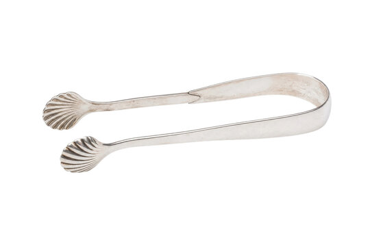 Elegant silver-plated sugar tongs with decorative shell-shaped grips, presented on a clean white background with soft studio lighting