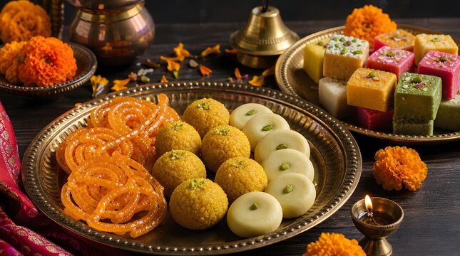 Delicious Indian Sweets Laddu Jalebi and Peda in Brass Plate with Diya Lamp Editorial Stock Photo