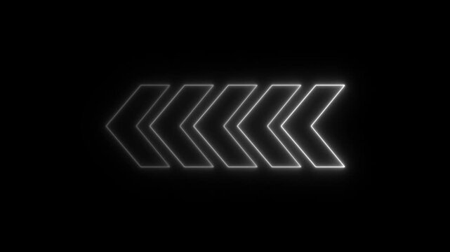 Neon glowing left-pointing arrow sign animation on black background, for directional ui, and motion