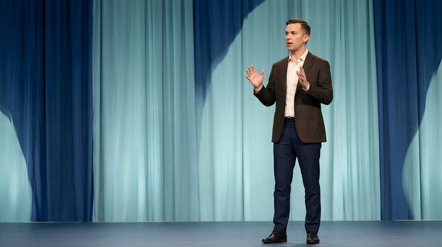 Professional business speaker, delivering persuasive keynote address with hand gestures, dressed in smart casual blazer, standing before blue curtain stage, corporate conference event marketing.