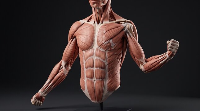 Anatomy model showing human muscular system of the upper torso and arms