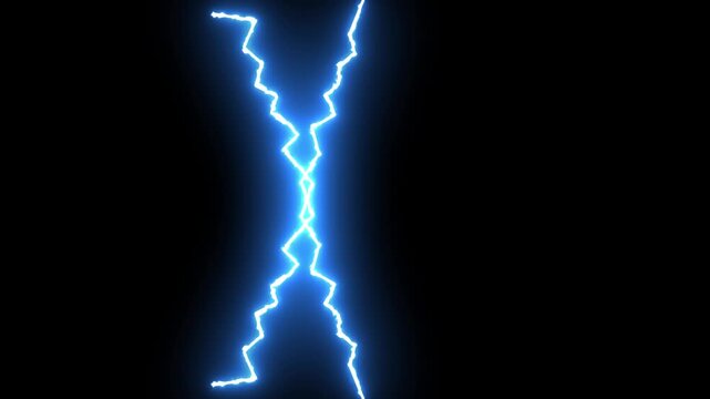 Powerful blue electric discharges and lightning strikes during an intense electrical storm, flashing thunderbolt energy effects on black screen background, cinematic 4k stock video footage