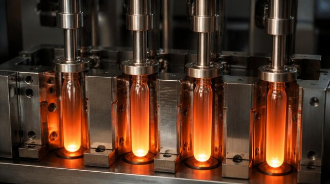 Automated industrial machinery shaping glowing polymer preforms in modern manufacturing facility