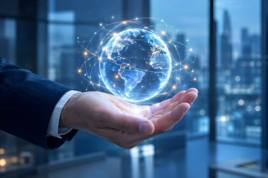 Businessman holding a glowing digital globe representing global connectivity
