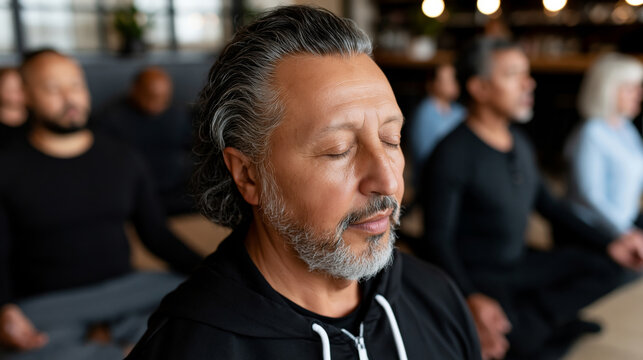 Multicultural adaptive yoga participants enjoying a relaxing meditation session after class, serene wellness environment, minimalist d&Atilde;&copy;cor no logos, no watermark, highlighting the exquisite textures