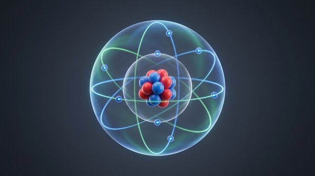 A 3D render of a colorful atom with nucleus and orbiting electrons in motion