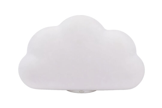 White cloud-shaped night light with a small button at the bottom, photographed on a clean white background