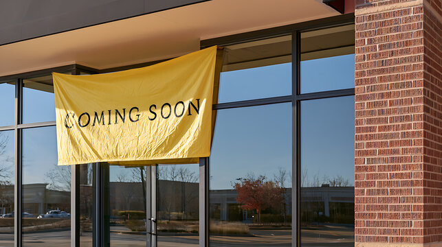Bright yellow banner with the text coming soon hung on the glass storefront of a new retail establishment located in a modern strip mall
