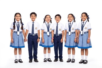 Obraz premium Group of Cheerful Indian School Kids in Matching Uniforms Laughing Together Against a White Background