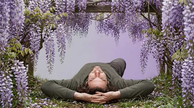 Relaxed man lying on grass under blooming wisteria flowers, peaceful young guy dreaming and resting with hands behind head, beautiful purple blossom tree, outdoor spring garden, commercial use.