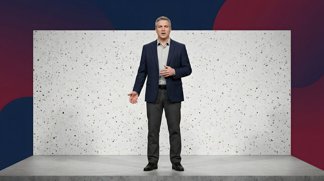 Professional male speaker, standing and gesturing confidently, wearing a navy blue blazer and grey trousers, on a minimalist stage with terrazzo wall, for corporate marketing and event promotion.