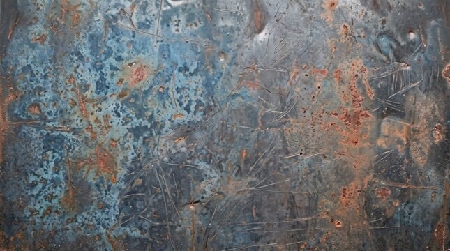 Close up view of a severely weathered metal surface featuring deep orange rust patches, dark blue oxidized paint, and numerous surface scratches