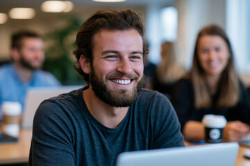 Obraz premium Startup founders discussing modern corporate business setting growth strategy in a bright coworking space, laptops and coffee cups, natural collaboration, no logos, no watermark, captured with