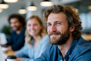 Fototapeta premium An exquisite and picturesque depiction of startup founders discussing modern corporate business setting growth strategy in a bright coworking space, laptops and coffee cups, natural collaboration, no