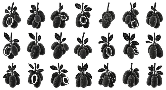 Black and white illustration of multiple ackee fruits